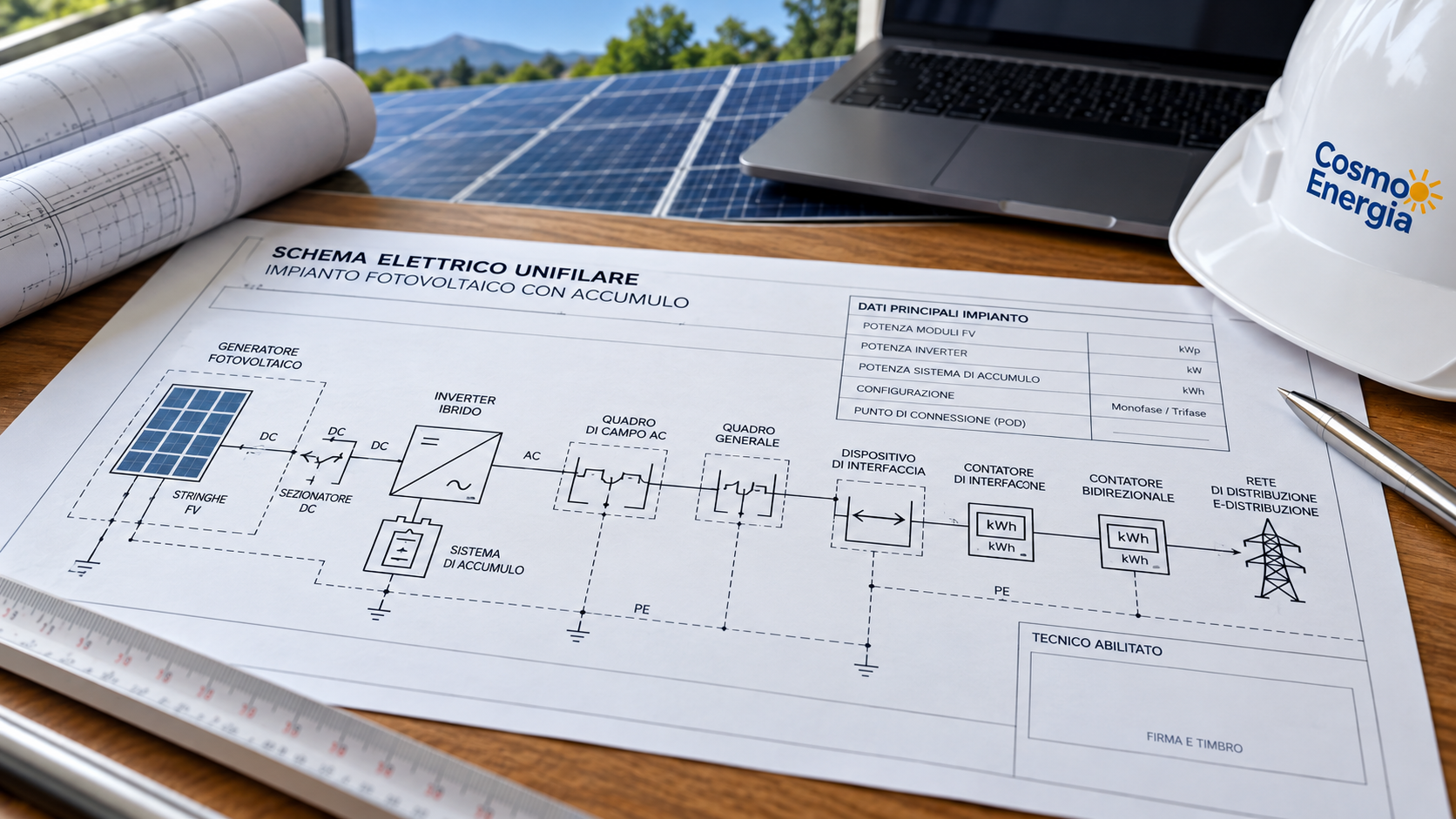 Schema elettrico unifilare impianto fotovoltaico con accumulo