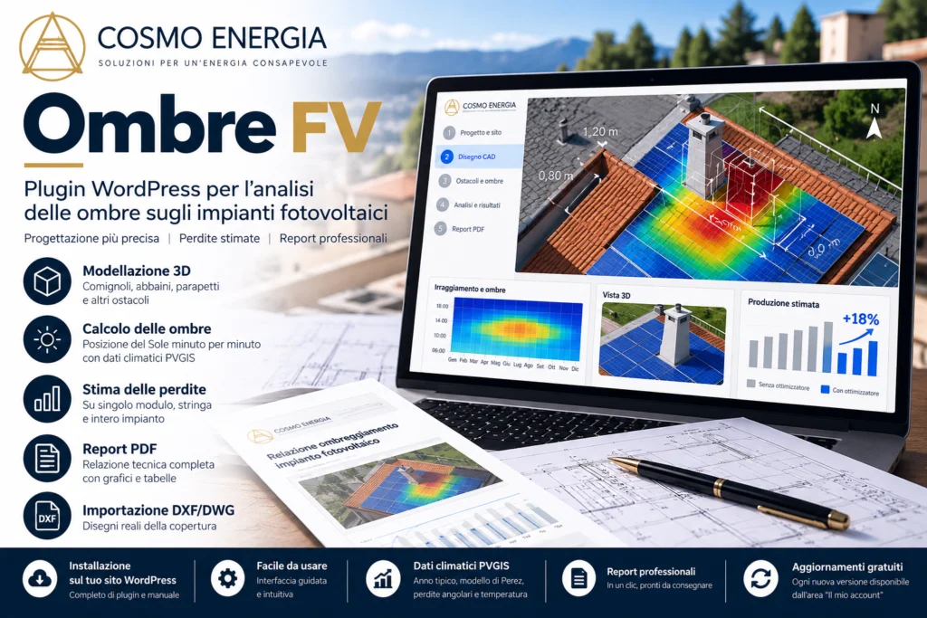 Plugin analisi ombre fotovoltaico Cosmo Energia – simulazione 3D e calcolo perdite energetiche
